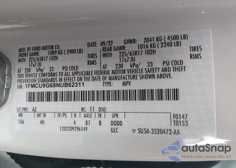 2022 Ford Escape Se z USA, uszkodzony, nr VIN 1FMCU9G68NUB62311